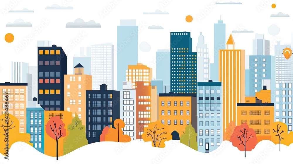 Obraz premium Autumnal Cityscape: A Vibrant Panorama of Urban Architecture and Colorful Fall Foliage