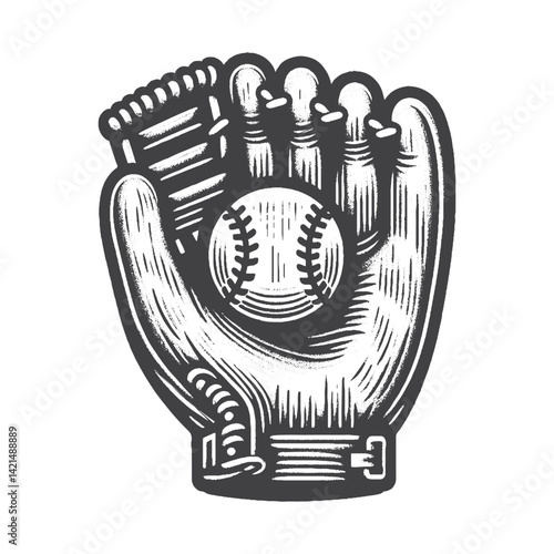 Vintage Hand-Drawn Catcher's Mitt with Ball Illustration – Classic Sports Engraved Style Vector for T-Shirts, Posters, Stickers, and Baseball Game Themes Apparel