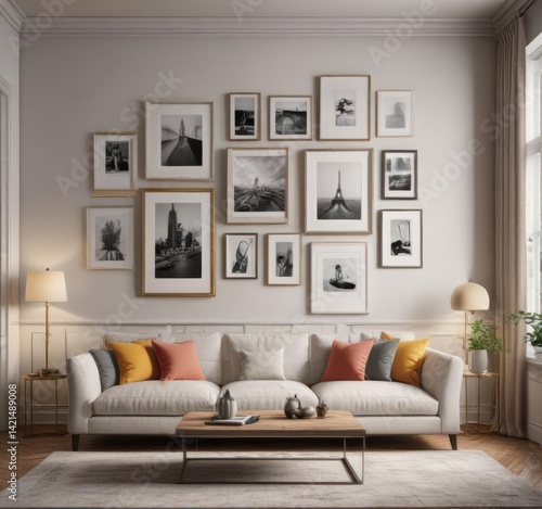 Chic gallery wall featuring mixed frame styles, bright living room , decor, apartment, wall art
