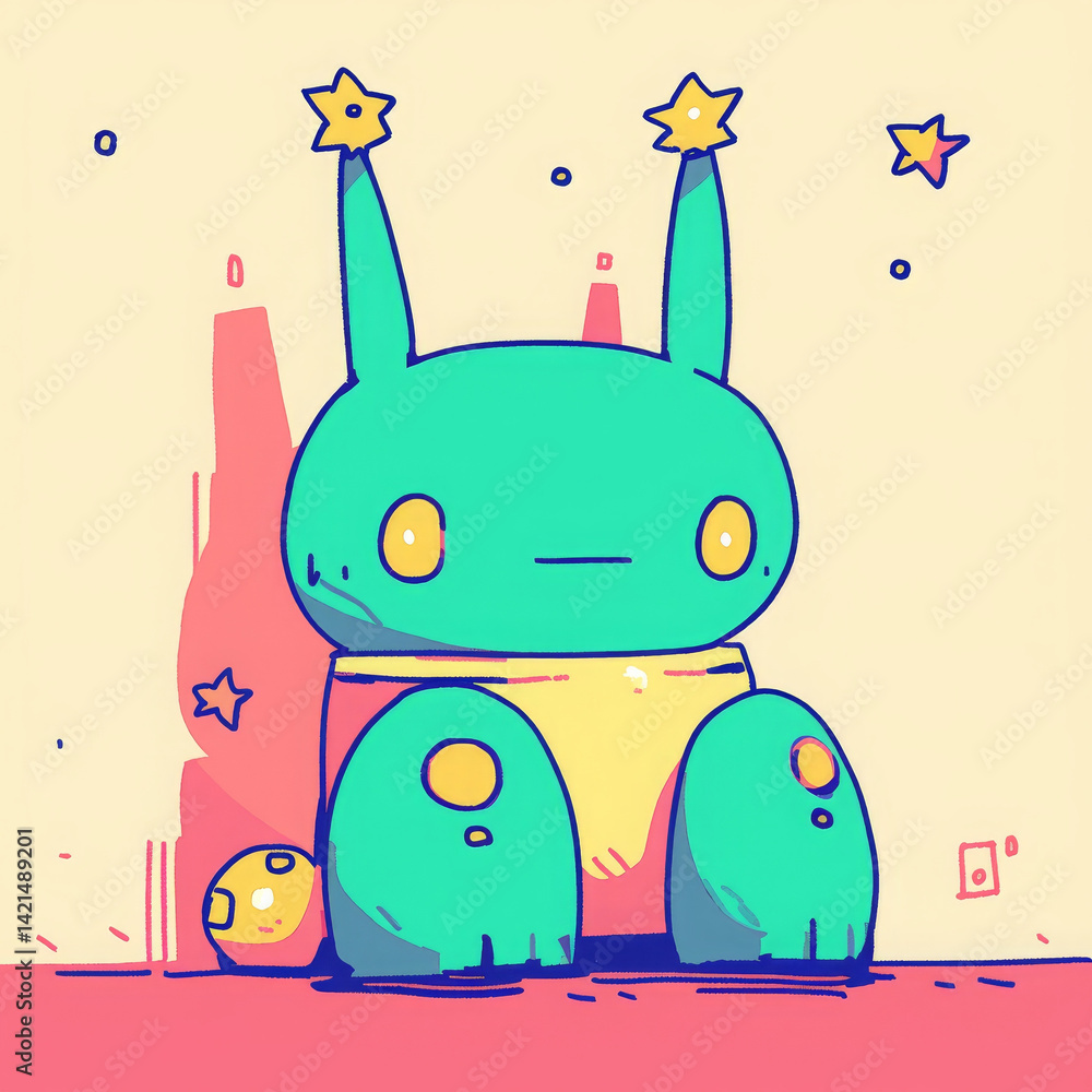 Cute and funny green alien character with stars, evoking joy and whimsy Cute and funny green alien character with stars, evoking joy and whimsy