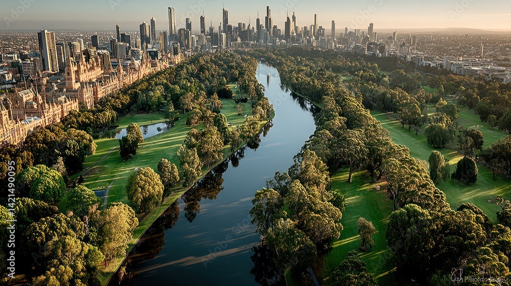 Fototapeta premium City park river sunrise view