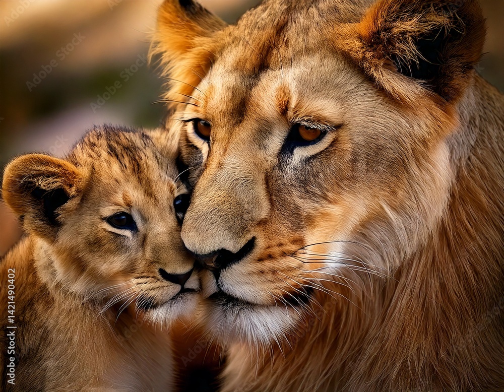 Fototapeta premium Una leona acaricia tiernamente a su cachorro; su vínculo de amor y fuerza se hace evidente en el primer plano.