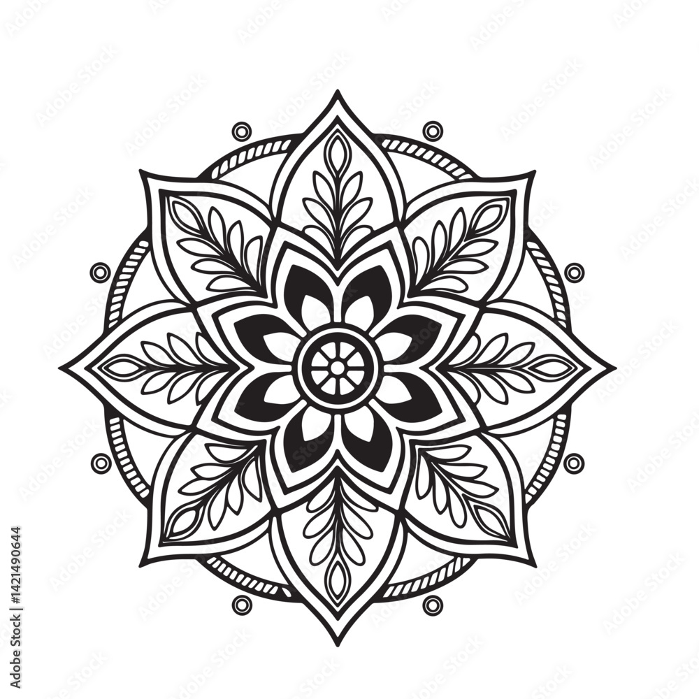Intricate Mandala Design Symmetrical Floral Pattern in Black and White Line Art Intricate Mandala Design Symmetrical Floral Pattern in Black and White Line Art