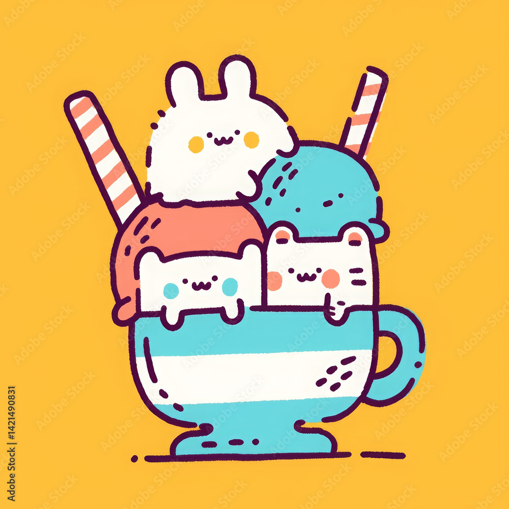 Cute cartoon characters in colorful ice cream cup create joyful scene Cute cartoon characters in colorful ice cream cup create joyful scene