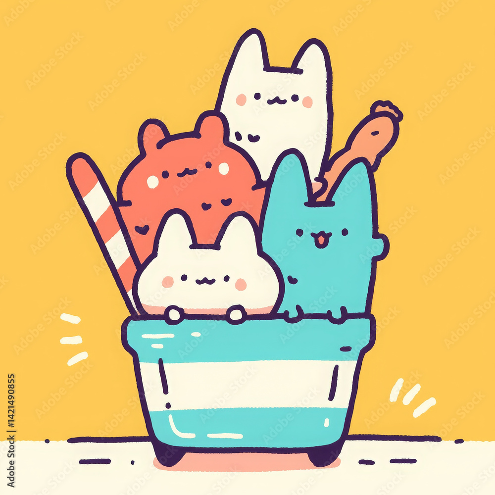 Cute cartoon animals in colorful basket, expressing joy and playfulness Cute cartoon animals in colorful basket, expressing joy and playfulness