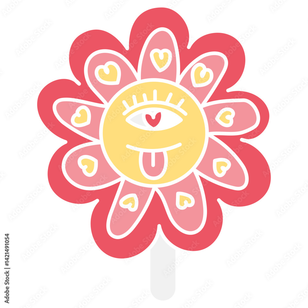 Fototapeta premium groovy ice cream, groovy boho popsicle in doodle flat color style. Colorful flower lollipop with an eye and playful elements.