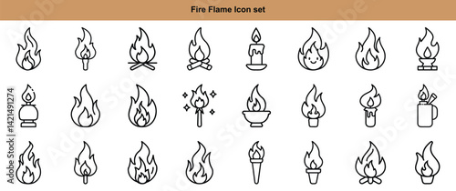 Fire Flame Line Icon Set: Heat, Burn, Ignite, Warmth, Energy