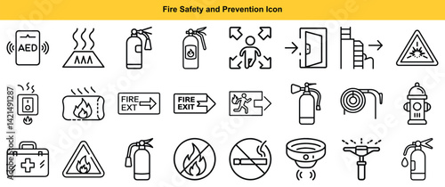 Fire Safety & Prevention Line Icons: Emergency, Protection, Warning, Alert, Evacuation