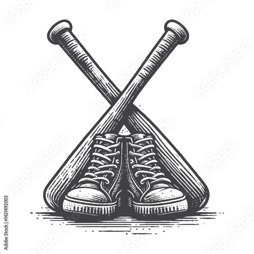Vintage Hand-Drawn Baseball Bat with Shoes Illustration – Athletic Sports Engraved Style Vector for T-Shirts, Posters, Stickers, and Team Player Themes Apparel