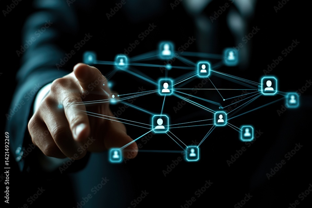 Hand touching glowing network of people icons representing connection and communication. Hand touching glowing network of people icons representing connection and communication.