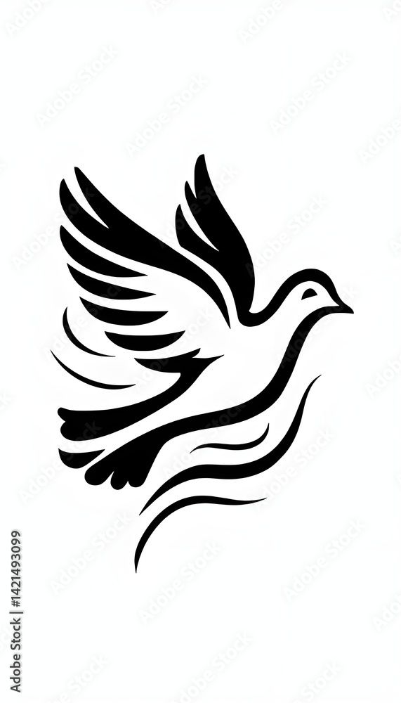 Obraz premium Flying dove illustration, black lines dove bird in flight, minimalist dove artwork, peaceful, freedom, flight, black, white, elegant, sketch, simple, vector, abstract, design, graphic, lineart, symbol