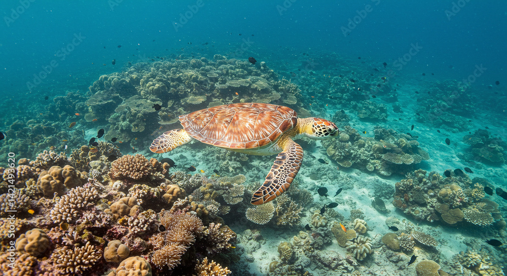 Fototapeta premium Sea Turtle Swimming Over Coral Reef in Clear Ocean Water
