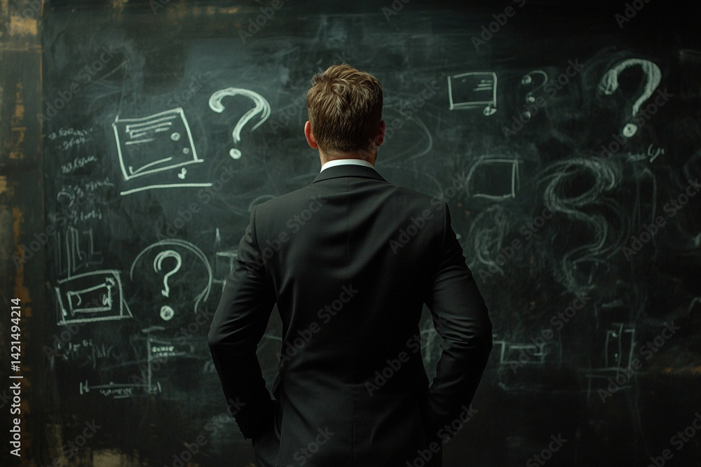 Businessman contemplating strategy questions and diagrams on a chalkboard Businessman contemplating strategy questions and diagrams on a chalkboard
