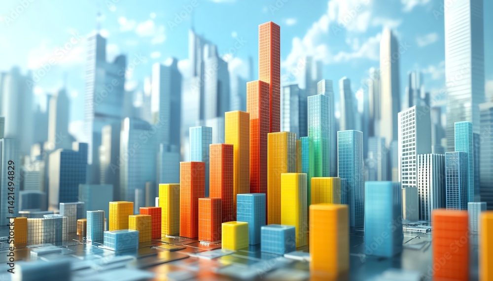 Vibrant cityscape with colorful growth chart. Represents urban development, real estate, and economic progress. Vibrant cityscape with colorful growth chart. Represents urban development, real estate, and economic progress.