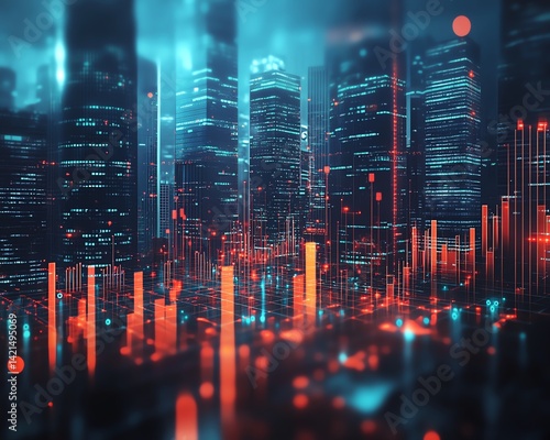 Business cityscape with a 3D graph projecting upward, reflecting robust economic growth, skyscrapers, and a dynamic atmosphere of financial success