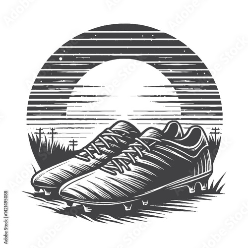 Vintage Hand-Drawn Pair of Cleats with Sunset Background Illustration – Sports Footwear Engraved Style Vector for T-Shirts, Posters, Stickers, and Outdoor Adventure Themes Apparel
