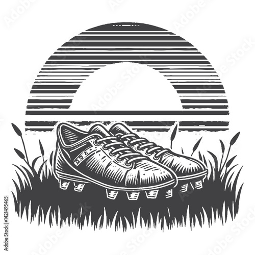 Vintage Hand-Drawn Pair of Cleats with Sunset Background Illustration – Sports Footwear Engraved Style Vector for T-Shirts, Posters, Stickers, and Outdoor Adventure Themes Apparel