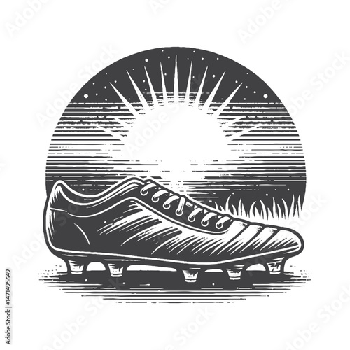 Vintage Hand-Drawn Pair of Cleats with Sunset Background Illustration – Sports Footwear Engraved Style Vector for T-Shirts, Posters, Stickers, and Outdoor Adventure Themes Apparel