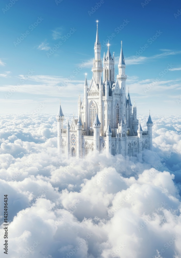 Majestic castle spire rising from clouds, fantasy architecture panorama Majestic castle spire rising from clouds, fantasy architecture panorama