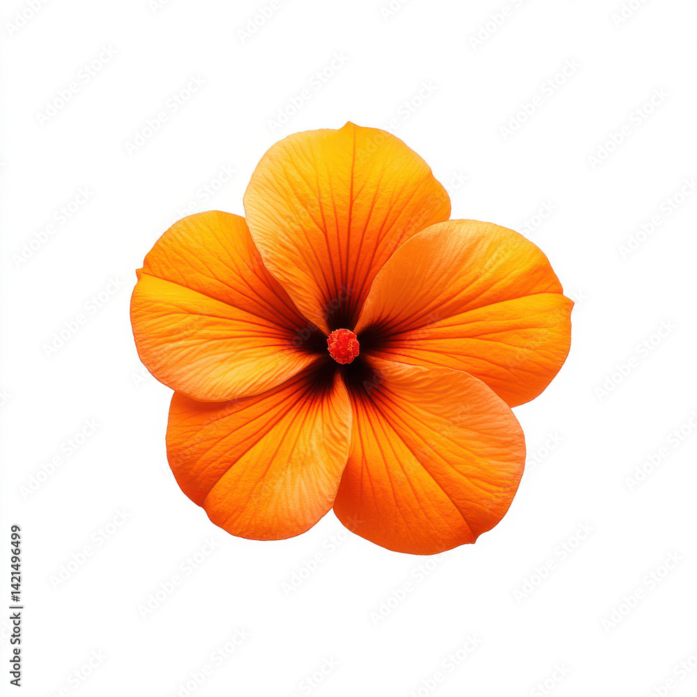 A Bright orange Balsam flower with wide, smooth petals and a distinct dark center, set against an isolated white background, highlighting its vibrant hue and elegant form.