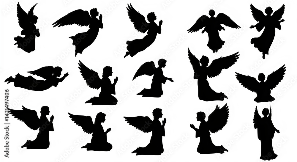 Naklejka premium Winged Angel Silhouettes with Halos in Various Poses