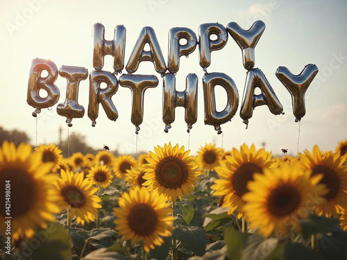 Radiant 'Happy Birthday' Balloons Over a Sunflower Field
