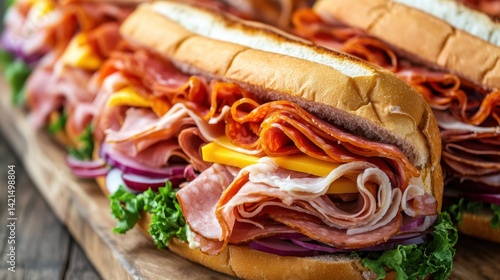 Freshly Made Sub Sandwiches Stacked with Meats and Vegetables