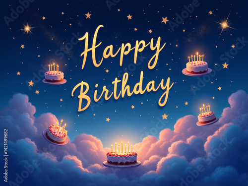Magical 'Happy Birthday' Greeting with Floating Cakes and Stars in the Night Sky