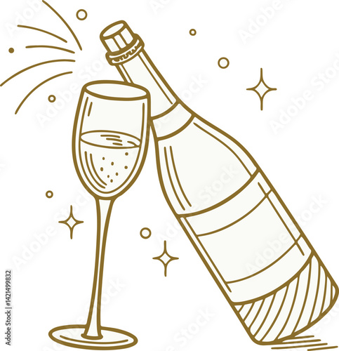 Champagne Bottle and Glass Line Art for Party, Celebration, and Festive Occasions