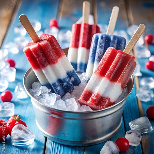 red white blue popsicles in ice bucket