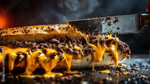 Juicy Cheese Melted Sandwich with Beef and Dripping Cheddar Sauce