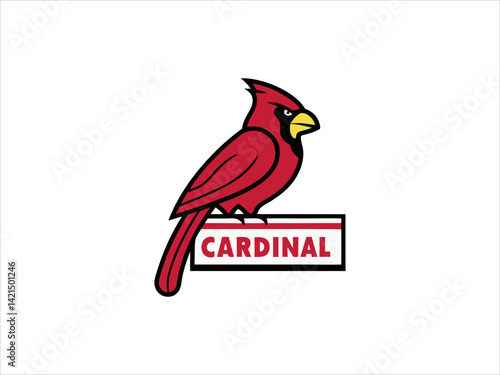 A cartoon style illustration of a cardinal bird in profile view, perched on a rectangular sign that says 
 CARDINAL.