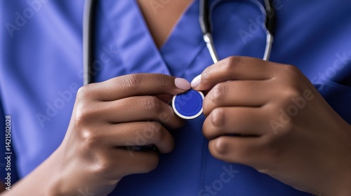 Nurse Holding Stethoscope with Focus on Name Tag and Blue Badge
