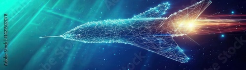 A futuristic spacecraft represented with glowing lines and particles, soaring through a vibrant cosmic background.