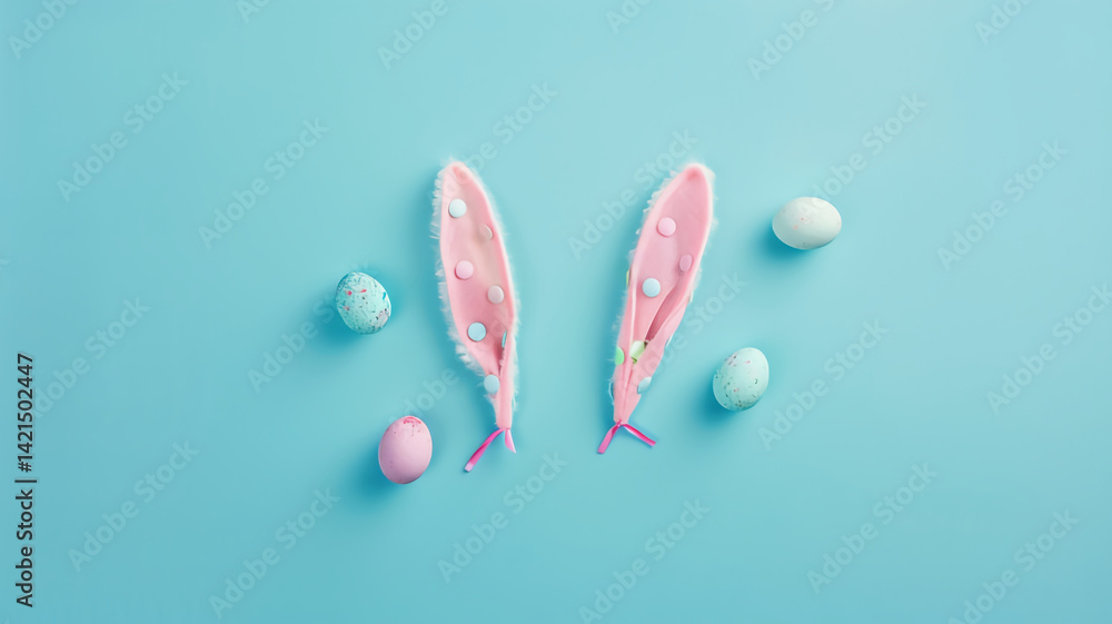 Easter Eggs and Bunny Ears Decorate Light Blue Background Beautifully, Celebration Easter Eggs and Bunny Ears Decorate Light Blue Background Beautifully, Celebration