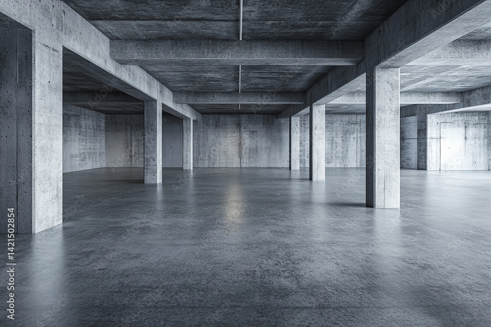 Empty industrial concrete building interior spacious floor large pillars modern architecture Empty industrial concrete building interior spacious floor large pillars modern architecture