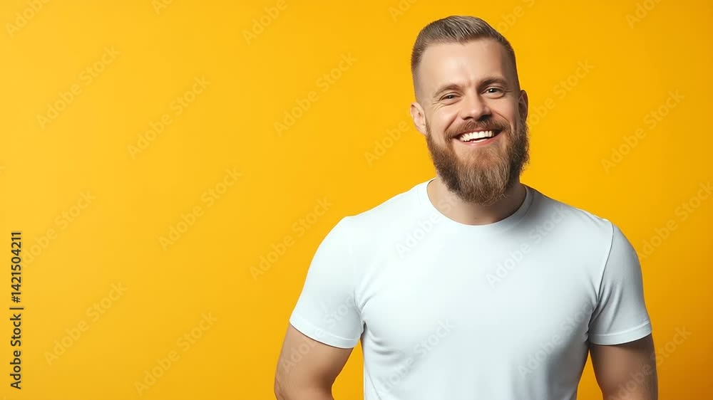 A cheerful bearded man with a confident stance and a happy expression wears a relaxed t-shirt. The warm background enhances the positivity of the portrait. A cheerful bearded man with a confident stance and a happy expression wears a relaxed t-shirt. The warm background enhances the positivity of the portrait.