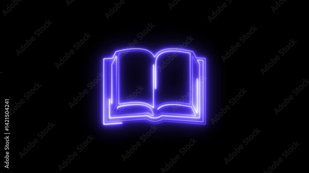 Glowing vertical book icon animation with neon open symbol on black background Glowing vertical book icon animation with neon open symbol on black background