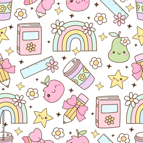 Hand draw pastel school seamless pattern Girly teacher background for fabric Back to school digital paper print