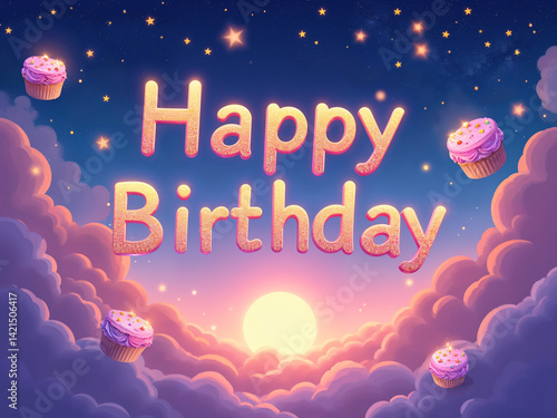 Magical 'Happy Birthday' Greeting with Cupcakes and a Pastel Sky