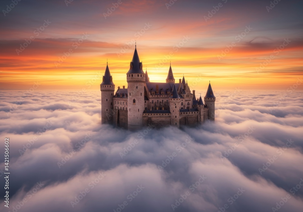 Obraz premium Majestic castle perched amidst a sea of clouds under a vibrant sunset sky