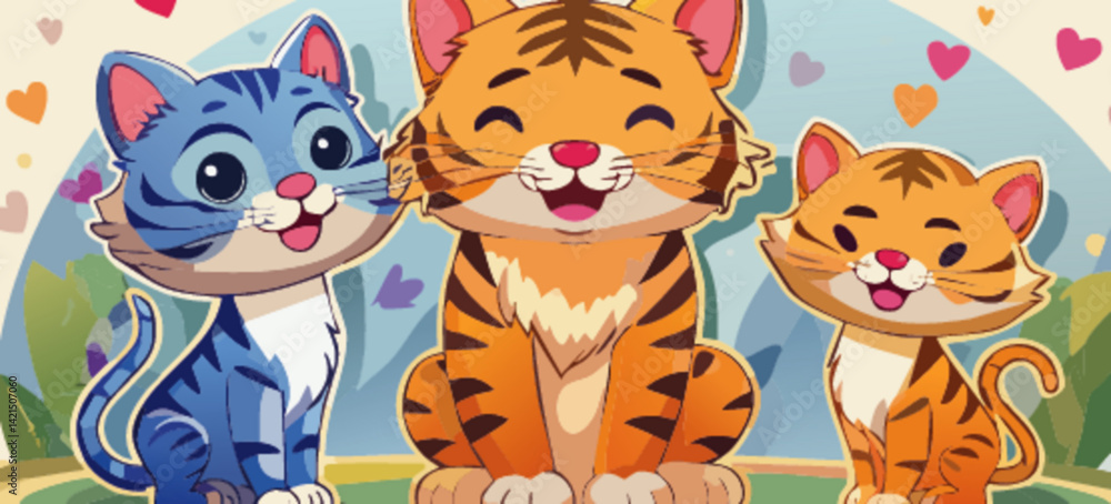 Naklejka premium Hoja de pegatinas vectoriales con varias ilustraciones de tigres y gatos en colores pastel, adorables animales 