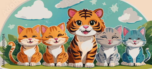 
Hoja de pegatinas vectoriales con varias ilustraciones de tigres y gatos en colores pastel, adorables animales 
