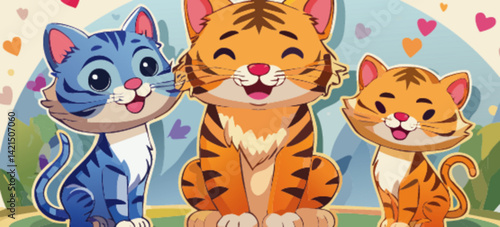 
Hoja de pegatinas vectoriales con varias ilustraciones de tigres y gatos en colores pastel, adorables animales 