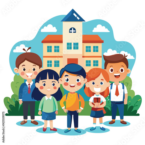 Happy children in front of a school building