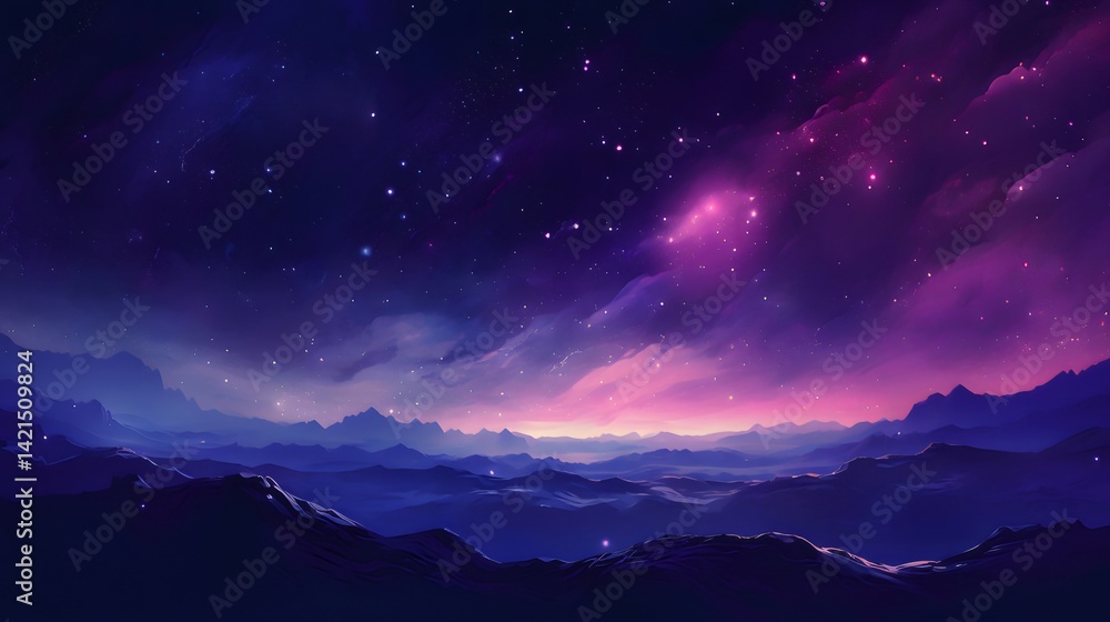 紫色とピンクの星空 雲と山々のシルエット 風景画 デジタルアート 夜空の輝き 紫色とピンクの星空 雲と山々のシルエット 風景画 デジタルアート 夜空の輝き