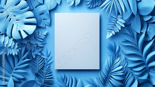 Wallpaper Mural Blue Tropical Leaves Frame a Square Space, Creating a Monochromatic Background Torontodigital.ca