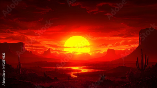 Fiery sunset over a desert landscape, featuring dramatic red sky, silhouetted cacti, and mesas.  Perfect for backgrounds or thematic designs.