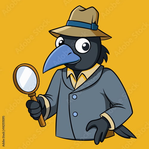 Detective Crow with Magnifying Glass and Mysterious Clues