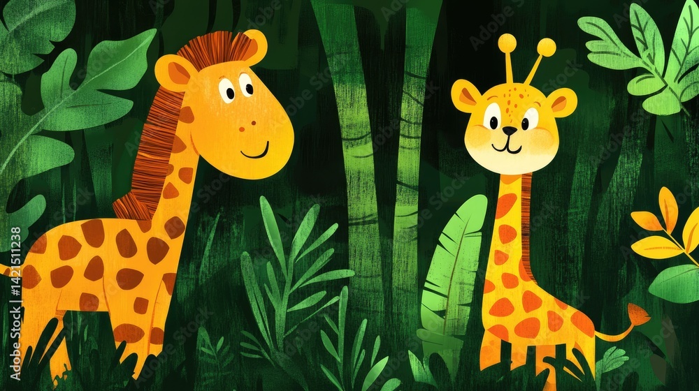 Naklejka premium Two Adorable Giraffes in Lush Green Jungle Habitat Illustration